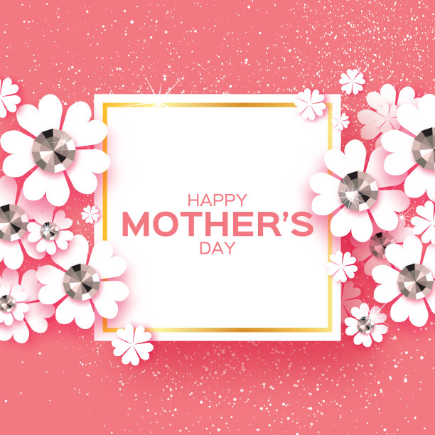 粉色母亲节快乐。辉煌的石头。剪纸花。方形框架。图片下载