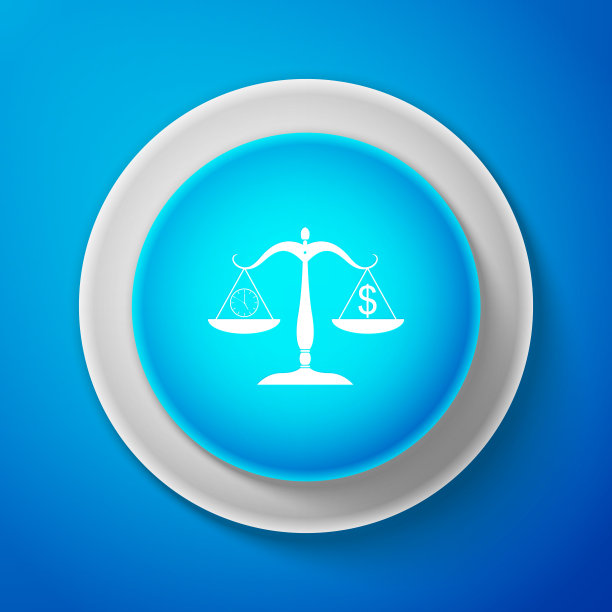 秤称重金钱和时间的图标孤立在蓝色背景上。数小时的天平和一枚硬币。平衡工作和既定时间。经营理念。圈出蓝色按钮。矢量图图片下载