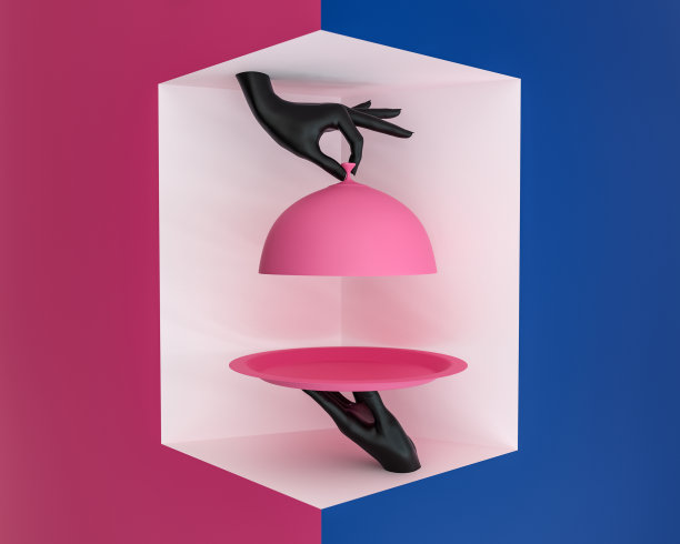 捧着杯盖的盘子，打开餐厅的钟摆，准备着一些宣传标语。三维渲染图片下载