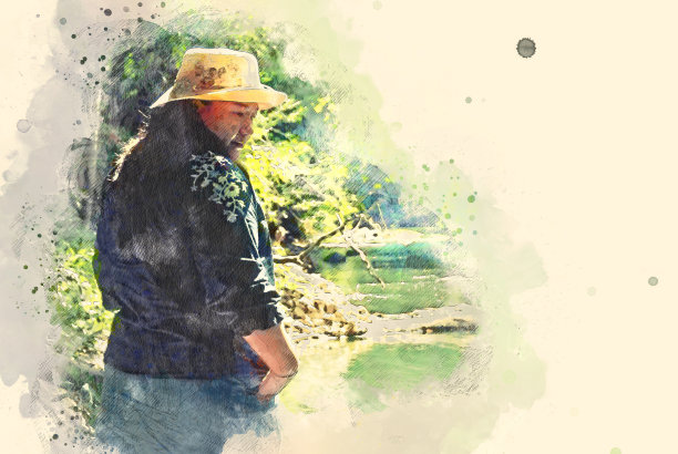 抽象色彩斑斓的美丽女子在绿色森林中旅行，以水彩插画为背景。图片下载