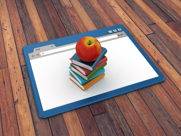 网页浏览器与书籍和苹果在木地板背景- 3D渲染图片下载