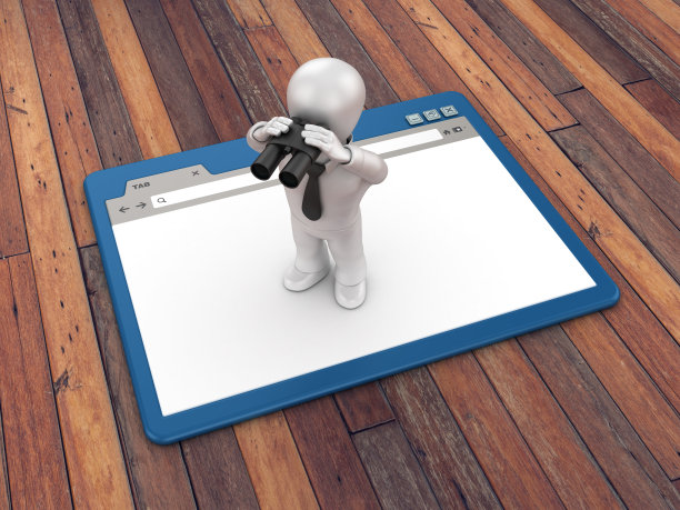 Web浏览器与业务特征与双筒望远镜在木地板背景- 3D渲染图片下载