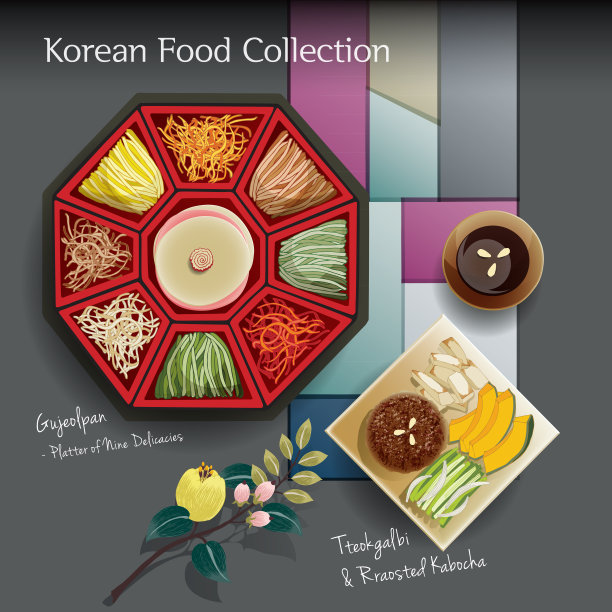 矢量插图手绘韩国食品收集。一套韩国传统美食。图片下载