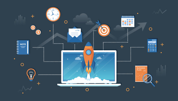 创业项目启动、财务规划、创意、策略、管理、实现与成功。火箭发射从笔记本电脑屏幕，商业计划，笔记，时钟，目标，钱，灯泡，日历矢量图片下载