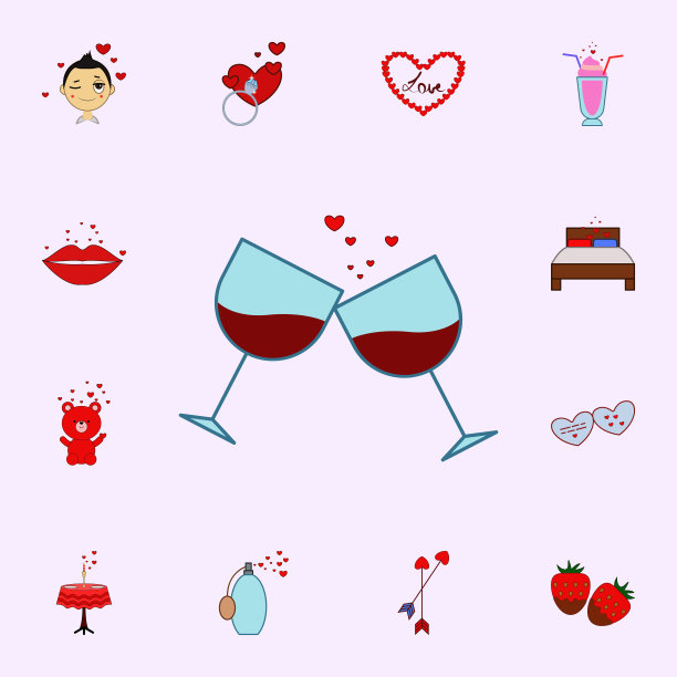 情人节，红酒，两杯，酒杯，敬酒图标。爱的图标普遍设置为网络和移动图片下载