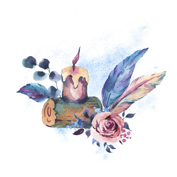 复古水彩贺卡与蜡烛，玫瑰，角和野花图片下载