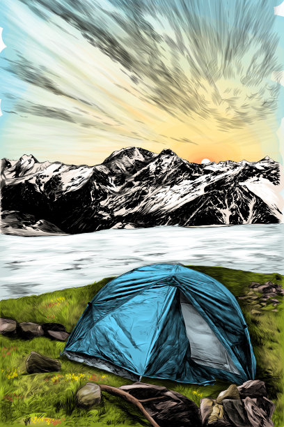 风景与一个旅游帐篷的形象在前景上的草地上的背景上的一个冻结的湖和山在雪图片下载