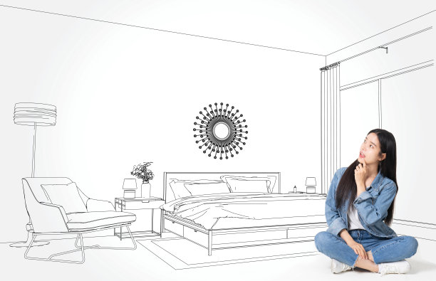 年轻的亚洲商业女性在白人背景下思考孤立。梦想着新房子。沉思的年轻女子看着墙上的速写图片下载