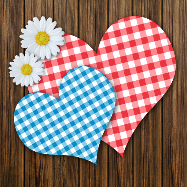 两颗心和一束花映衬着木质的背景图片下载