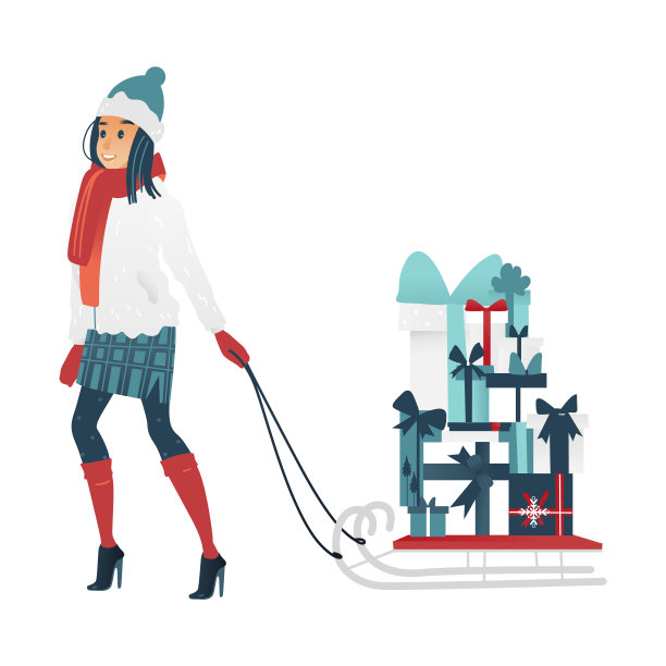 矢量插图的年轻女子拉雪橇与大堆栈包裹的礼物盒。图片下载