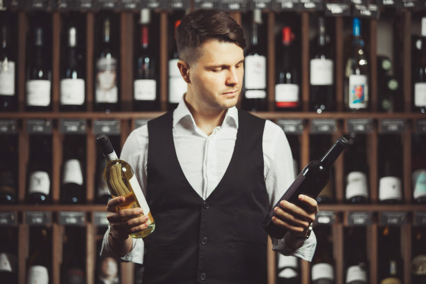 侍酒师在两瓶红葡萄酒和白葡萄酒之间进行选择图片下载