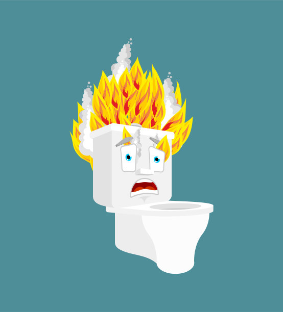 抽水马桶燃烧孤立。卡通风格的厕所火。惊慌失措的向量图片下载