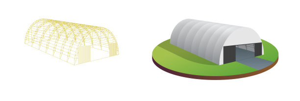 遮阳篷、篷布、帐篷、临时仓库、展览隧道大厅、飞机机库。谷仓施工建筑线框。明确的框架。向量等距插图图片下载