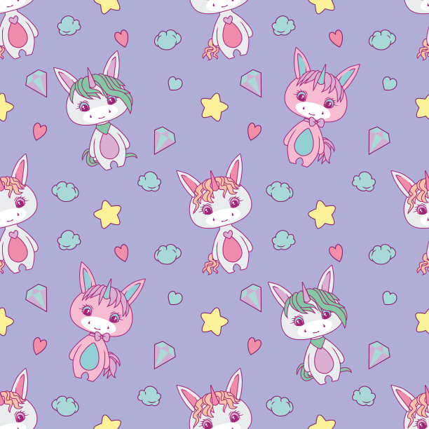 可爱的无缝图案的儿童胖乎乎的白色卡通独角兽，星星，心形，钻石和云在浅紫色的背景图片下载
