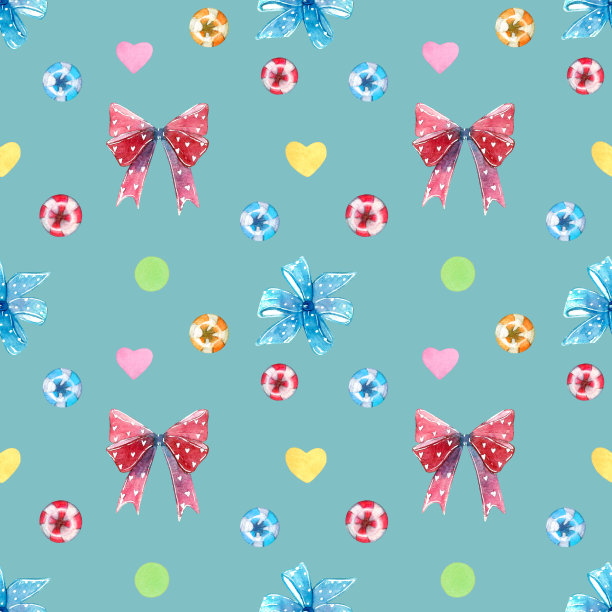 红色和蓝色蝴蝶结，漩涡棒棒糖心形无缝图案图片下载