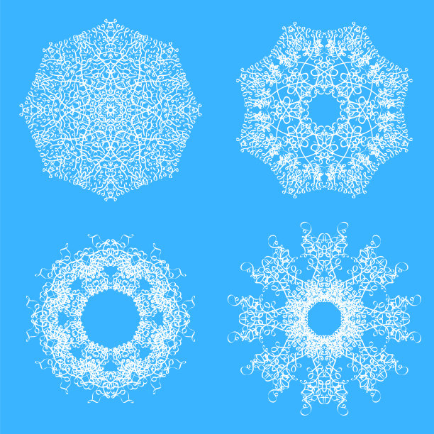 一组不同的冬季白色雪花孤立在蓝色背景。素材图片