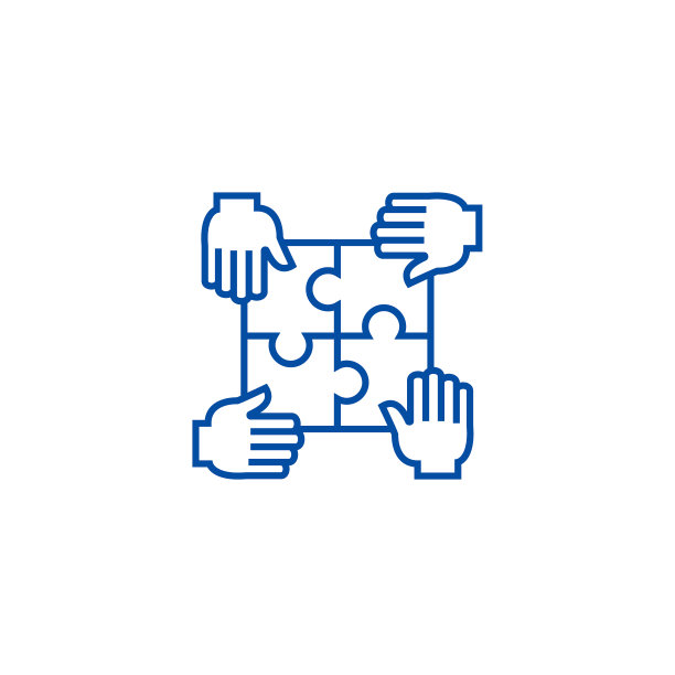 四手拼图，伙伴线图标概念。四手拼图，伙伴平面矢量符号，标志，轮廓插图。图片下载