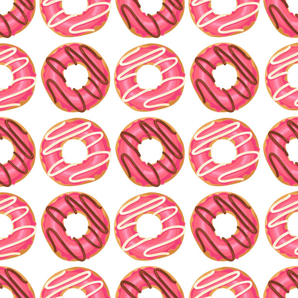 无缝矢量模式与釉面粉红色甜甜圈孤立在白色。甜纹可用于壁纸、网页、表面纹理、包装。食品设计图片下载