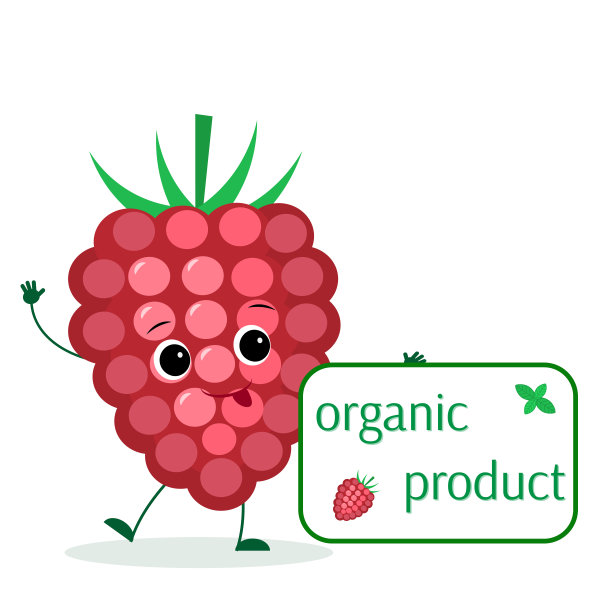可爱的树莓卡通人物拿着一盘有机食品。标志,模板,设计。矢量插图，平面风格图片下载