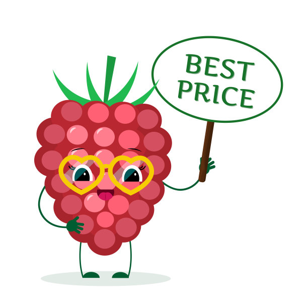 可爱的树莓卡通人物在太阳镜保持销售标志。标志,模板,设计。矢量插图，平面风格图片下载