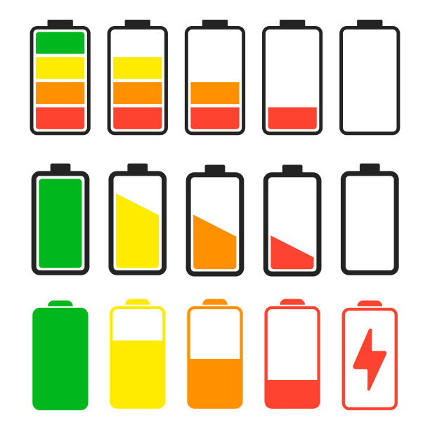 平面风格矢量插图中的电池充电指示器图标集。每股收益10图片下载