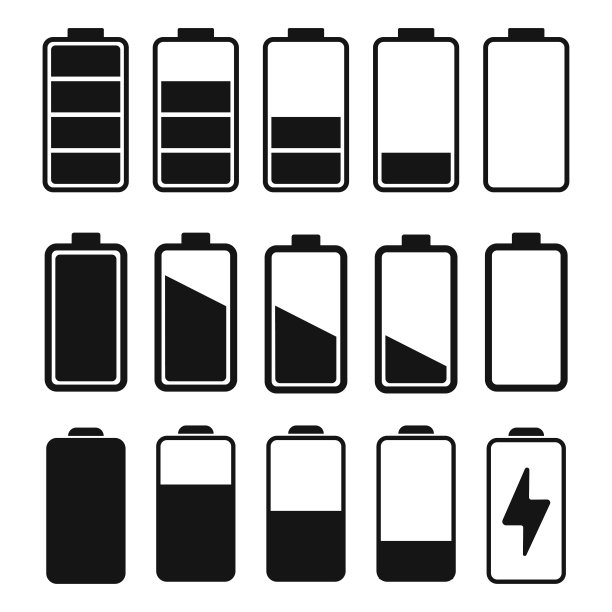 平面风格矢量插图中的电池充电指示器图标集。每股收益10图片下载