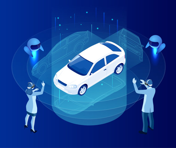 等距控制论机器人和人的工作在增强现实的虚拟界面。虚拟计算机开发的汽车模型使用人工智能。未来的概念。图片下载