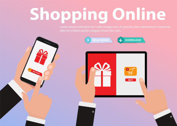 带礼物的网上购物概念。矢量概念营销与数字营销。手持智能手机和平板电脑图片下载