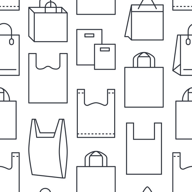 停止使用无缝图案的塑料袋与平线图标。聚乙烯污染意识矢量插图海报的背景。塑料购物包装的薄标志图片下载