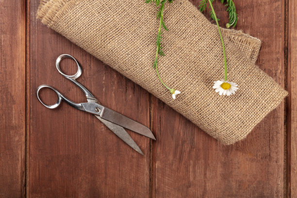 这是一张头顶上的照片，照片上有一把复古的剪刀和一朵刚剪下来的花，从顶部用粗麻布拍摄，背景是深色的乡村木，并有文字的地方图片下载