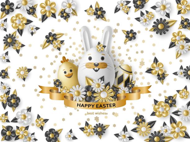 复活节可爱的白色兔子和小鸡彩蛋。矢量图图片下载