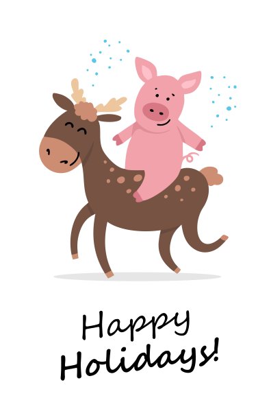 圣诞快乐，小鹿和粉红小猪。节日快乐矢量卡通动物插图贺卡图片下载