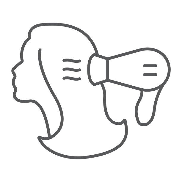 吹干细线图标，发型师和吹风机，吹风机标志，矢量图形，白色背景上的线性图案。图片下载