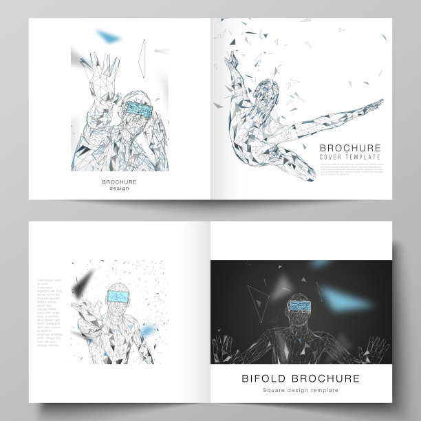 矢量插图的可编辑布局的两个封面模板为方形设计双折小册子，杂志，传单。戴着虚拟现实眼镜的人。虚拟现实，未来技术概念。图片下载