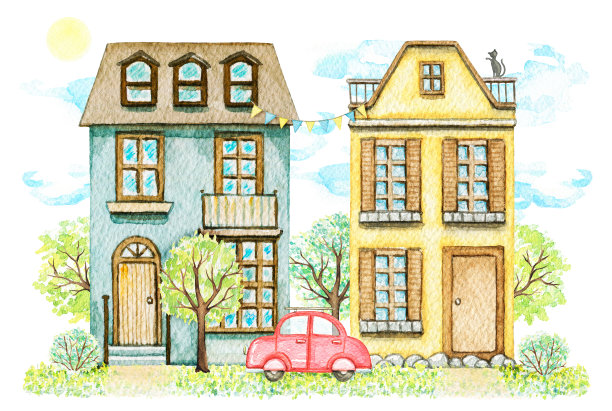水彩画：卡通房屋建筑景观素材图片