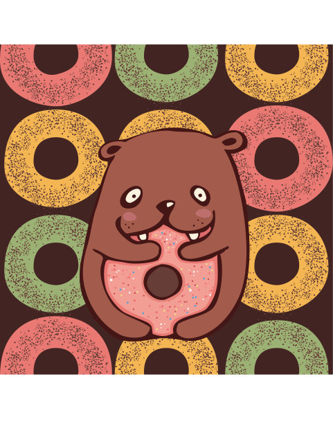 小熊正在吃甜甜圈，快乐卡，卡通人物，矢量插画在平面风格图片下载