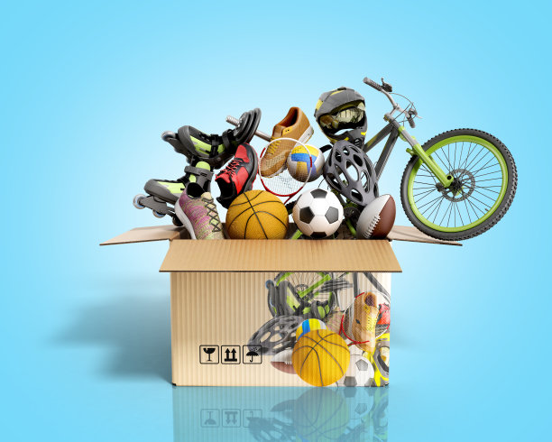 产品类别的概念，运动服装和设备在盒子3d渲染上的蓝色梯度图片下载