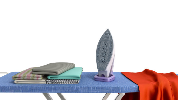现代熨斗在熨衣板附近熨烫的东西在堆栈3d渲染上的白色图片下载