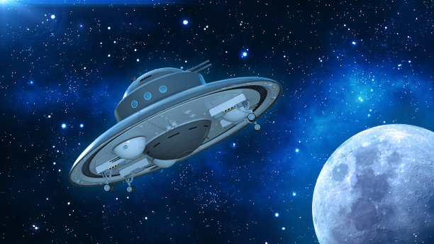 复古UFO飞船，深空飞碟，老式飞船在宇宙中飞行与行星和星星，后视图，3D渲染图片下载