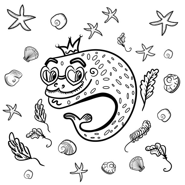 心形眼镜鱼的卡通插图。头上戴着王冠的鱼。成人和儿童的涂色书或书页。情人节。——矢量图片下载