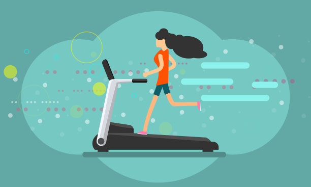 女孩跑步机上流行的颜色平风格横幅。矢量插图。素材图片