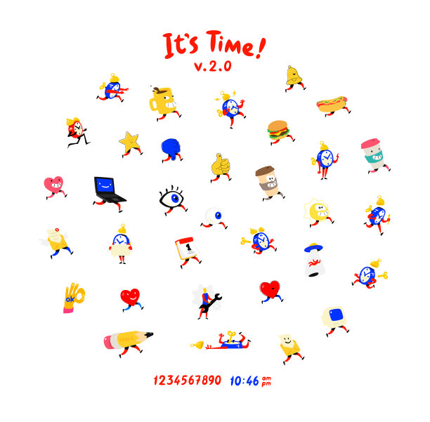 有趣的友好的字符。手表、闹钟、杯子、眼睛和社交网络的心形图标。喜欢和不喜欢的。操作时间和模式。时间已经结束了。快餐的发现。质量控制。图片下载