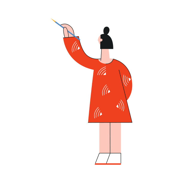 矢量插图的年轻女子写作或绘图与铅笔在时尚的扁平风格。图片下载