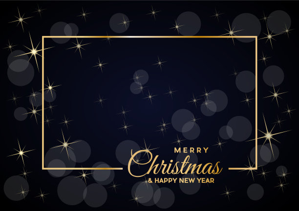 圣诞快乐的文字和金色的框架，空的背景，黑色，星空和模糊的灯光图片下载