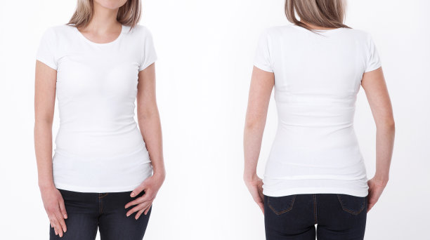 衬衫设计和人的概念-近距离的年轻女子在空白的白色t恤的前面和后面孤立。模拟模板的设计打印图片下载