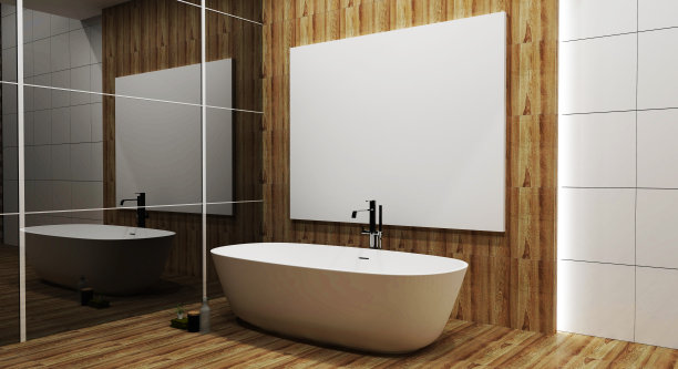 禅意设计的浴室，木墙和地板——日式风格。三维渲染图片下载