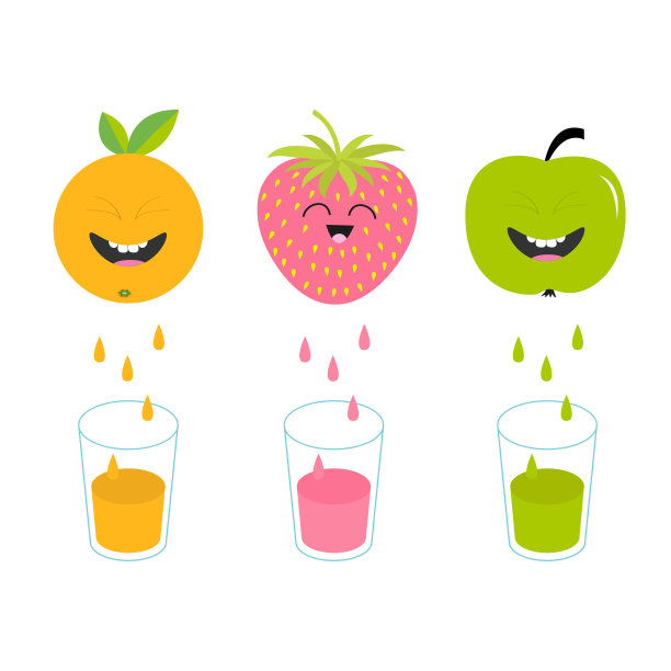 新鲜果汁和玻璃杯。苹果，草莓，橙子。微笑可爱的卡通人物集。自然的产品。榨汁下降。平面设计。白色背景。孤立。图片下载