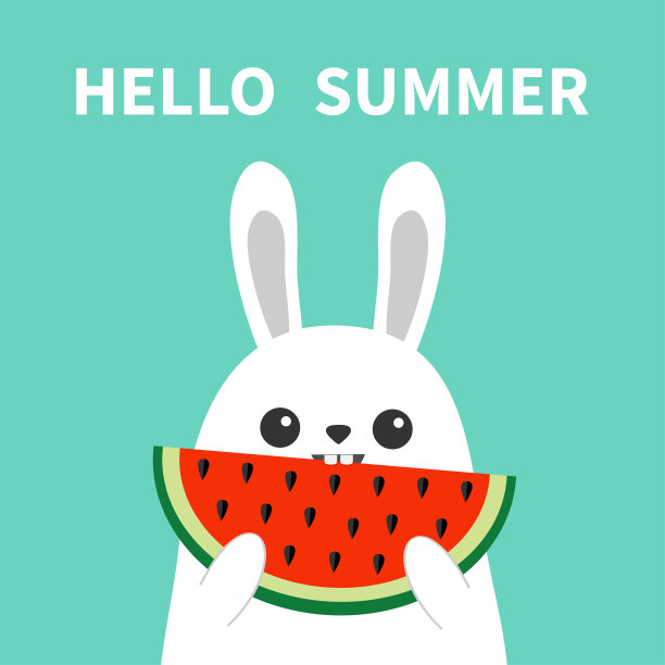 小兔兔头脸捧着吃西瓜片。大耳朵。可爱可爱的卡通人物。你好,夏天。小贺卡。蓝色背景。平面设计。复活节的象征。图片下载