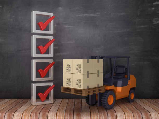 3D检查表与叉车在黑板上的背景- 3D渲染图片下载