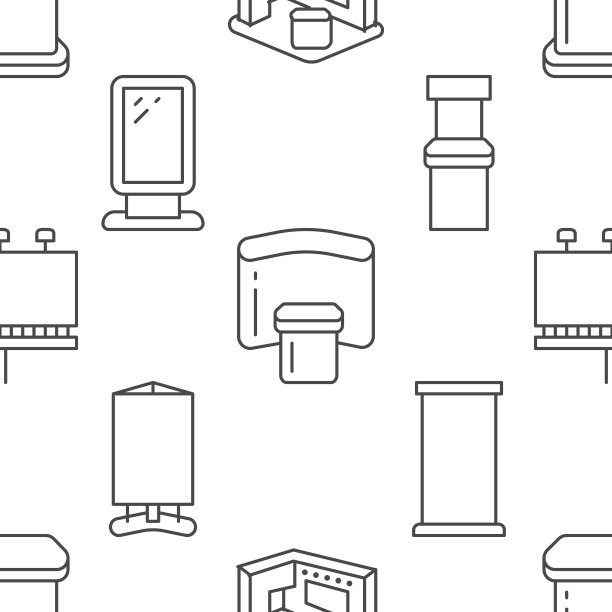 广告展板架，平面线条图标无缝展示。广告牌，折叠的字幕，促销柜台，展示矢量插图。交易对象细线性标志图片下载
